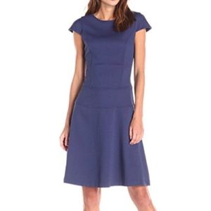 Cap-sleeve navy blue fit-and-flare dress.